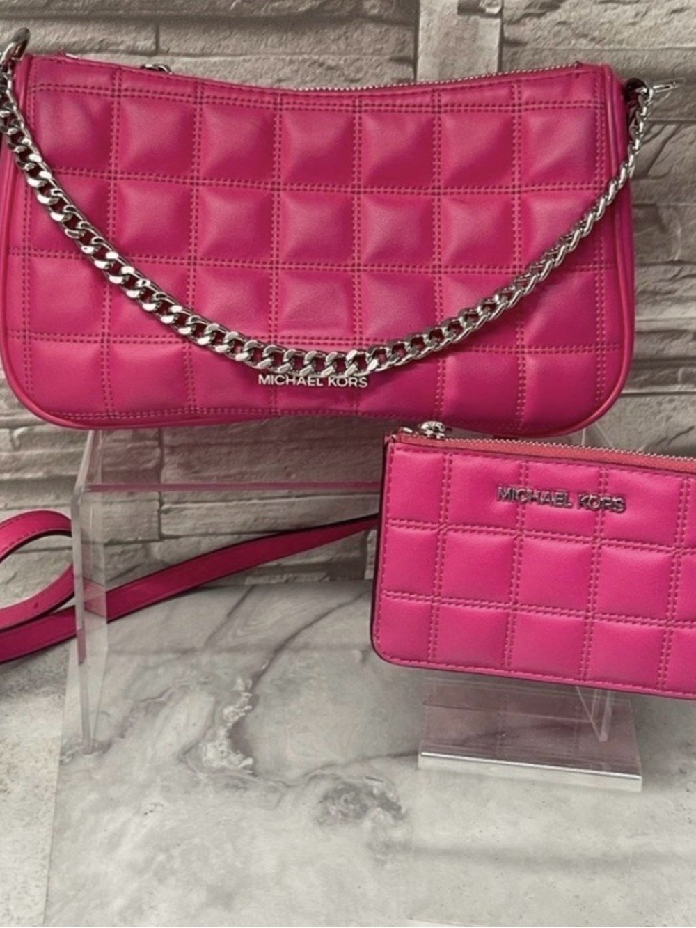 Michael Kors Carmela Quilted Crossbody Bag & Matching Wallet Dragonfruit Pink